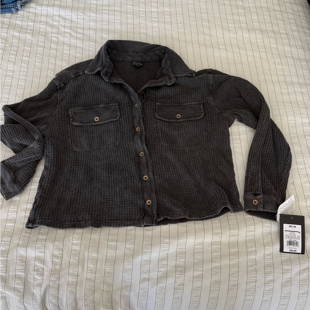 Girls Art Class Charcoal Black button up waffle shirt